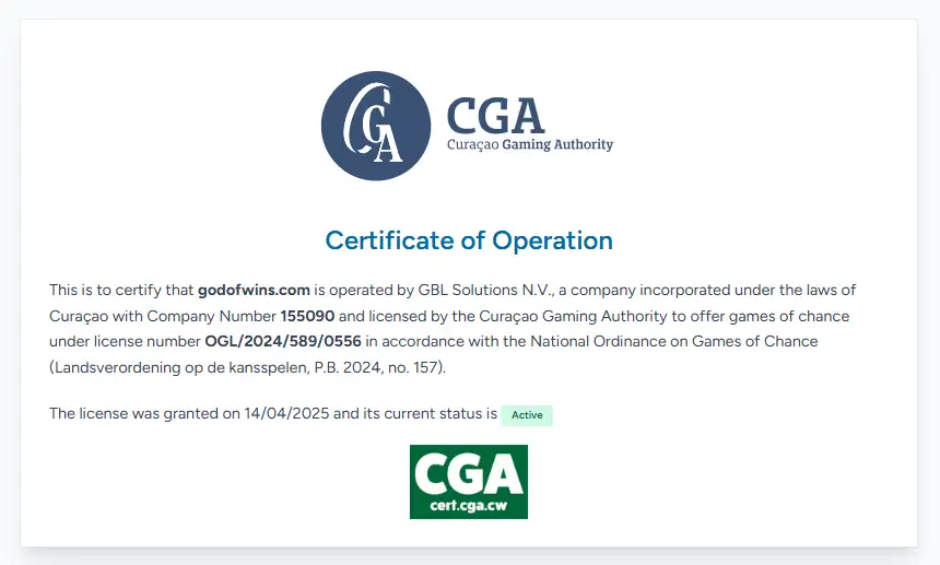 Curaçao Gaming Authority certificate for the God of Wins operator licence