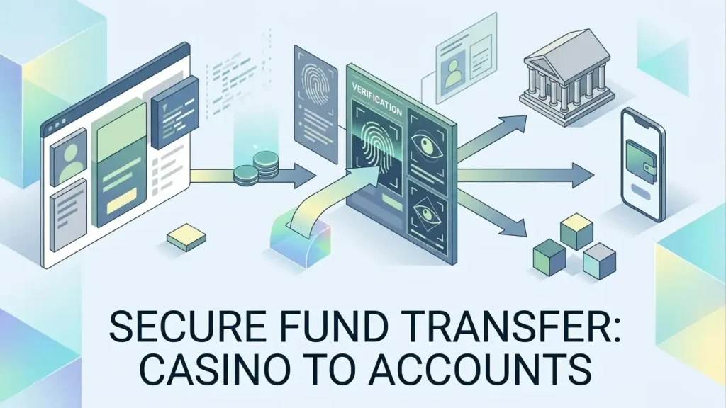 Editorial illustration of a withdrawal moving from a casino account through identity verification to a bank or digital wallet