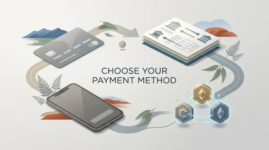 Editorial illustration of Australian dollar payments using cards, bank transfer, digital wallet and cryptocurrency concepts