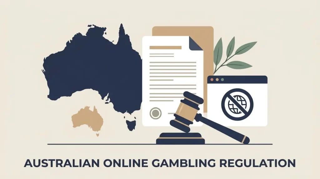 Editorial illustration representing Australian online gambling regulation with a map outline, legal document and web access symbols