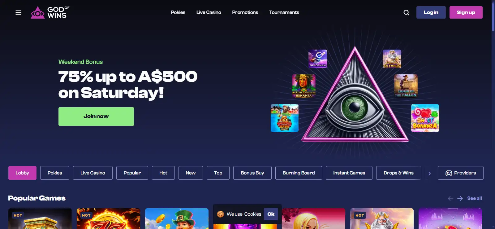 God of Wins casino homepage or main lobby