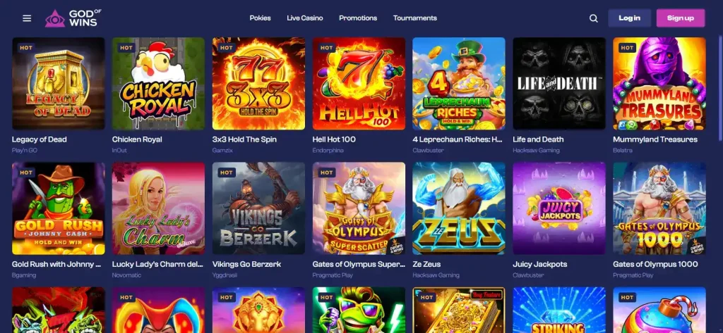 God of Wins game lobby showing pokies and game categories