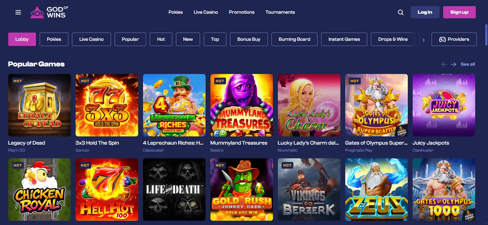God of Wins games lobby showing pokies and live casino categories