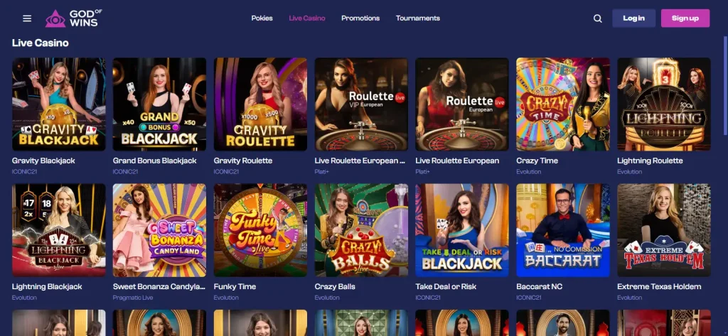 God of Wins live casino lobby showing the current dealer-led game selection