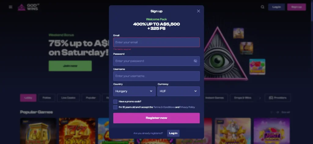 God of Wins registration or account creation screen