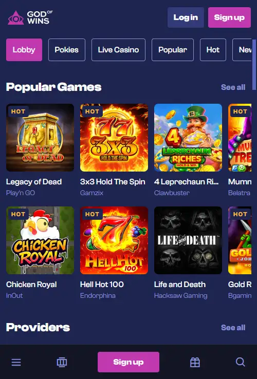 God of Wins website displayed in a mobile browser